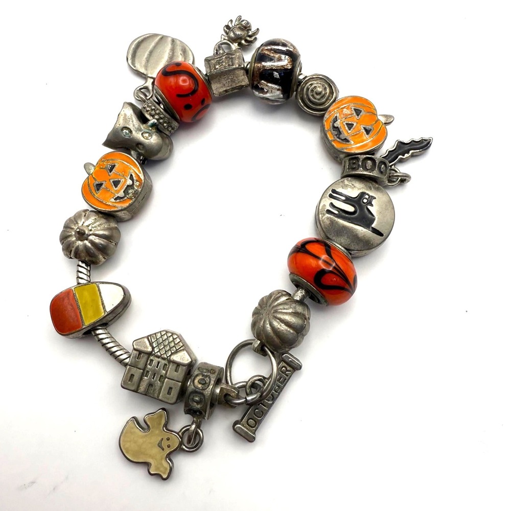 Halloween Charm Bracelet Silver Tone October Ghost Pumpkin Candy Corn 7.5 Inch